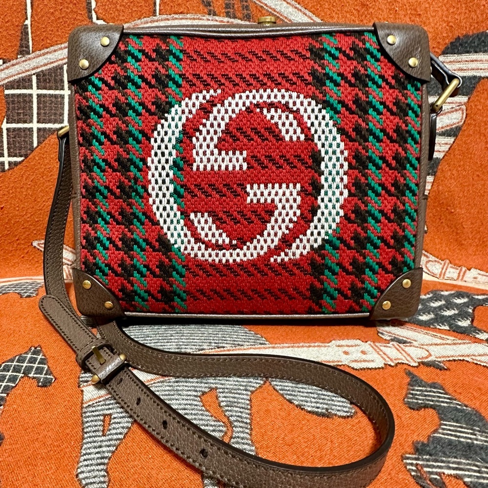 Gucci Red Green Brown Canvas Crossbody Bag with White Logo